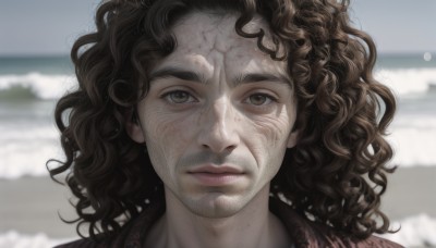 solo,looking at viewer,brown hair,1boy,brown eyes,closed mouth,male focus,outdoors,day,blurry,lips,depth of field,blurry background,facial hair,ocean,wavy hair,beach,messy hair,portrait,curly hair,realistic,nose,sand,1girl,long hair,thick eyebrows,freckles