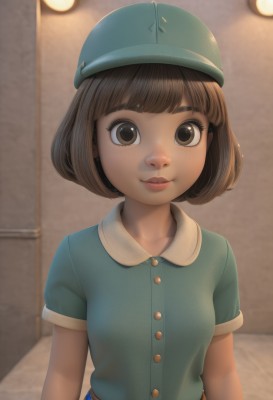 1girl,solo,breasts,looking at viewer,smile,short hair,bangs,brown hair,shirt,hat,brown eyes,collarbone,upper body,short sleeves,small breasts,parted lips,teeth,collared shirt,belt,indoors,blunt bangs,lips,buttons,bob cut,blue shirt,freckles,green headwear,green shirt,artist name,eyelashes,watermark,thick eyebrows,web address,blue headwear,nose