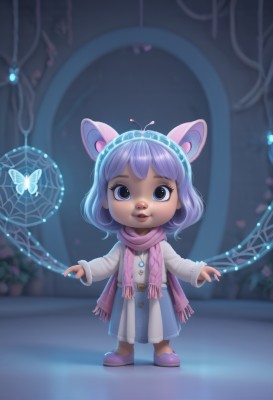 1girl,solo,looking at viewer,smile,short hair,bangs,blue eyes,long sleeves,dress,animal ears,jewelry,blue hair,standing,full body,purple hair,hairband,shoes,belt,artist name,cat ears,scarf,white dress,blurry,lips,blurry background,bug,plant,butterfly,child,personification,female child,pink scarf,open mouth,teeth,furry,furry female,buck teeth