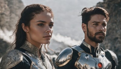 1girl,long hair,short hair,brown hair,black hair,1boy,brown eyes,jewelry,closed mouth,upper body,earrings,outdoors,parted lips,dark skin,hair bun,armor,blurry,black eyes,lips,blurry background,facial hair,single hair bun,shoulder armor,portrait,beard,realistic,stud earrings,hair behind ear,male focus,sunlight,dark-skinned male,mustache,manly