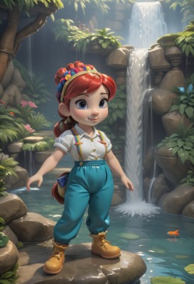 1girl,solo,long hair,smile,blue eyes,shirt,bow,standing,full body,white shirt,ponytail,flower,short sleeves,hair bow,red hair,hairband,boots,outdoors,collared shirt,pants,water,leaf,brown footwear,suspenders,child,freckles,rock,blue pants,female child,overalls,waterfall,lily pad,pond,looking at viewer,blush,bangs,hair ornament,closed mouth,shoes,puffy sleeves,puffy short sleeves,lips,watermark,plant,nature,web address,stream