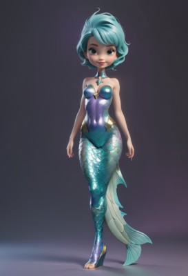 1girl,solo,breasts,looking at viewer,smile,short hair,blue eyes,bare shoulders,jewelry,blue hair,standing,full body,small breasts,lips,aqua hair,covered navel,makeup,detached collar,monster girl,gem,skin tight,wide hips,arms at sides,scales,mermaid,fins,choker,high heels,lipstick