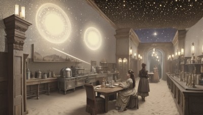 long hair,short hair,multiple girls,brown hair,black hair,hat,dress,2girls,sitting,sky,indoors,star (symbol),black dress,cup,book,window,night,chair,table,star (sky),night sky,scenery,starry sky,city,candle,1girl,1boy,standing,robe,candlestand