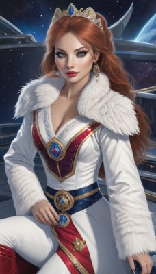 1girl,solo,long hair,breasts,looking at viewer,smile,large breasts,brown hair,long sleeves,cleavage,brown eyes,jewelry,medium breasts,sitting,earrings,belt,pants,nail polish,lips,coat,grey eyes,fur trim,makeup,tiara,crown,lipstick,gem,star (sky),eyeshadow,white pants,white coat,red lips,space,planet,earth (planet),dress,red hair,sky,artist name,white dress,night,night sky,starry sky