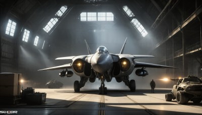 HQ,weapon,artist name,indoors,signature,gun,military,no humans,window,watermark,sunlight,robot,ground vehicle,mecha,web address,motor vehicle,science fiction,light rays,realistic,aircraft,military vehicle,airplane,light,tank,vehicle focus,spacecraft,hallway,jet,missile,fighter jet,multiple boys,helmet,battle