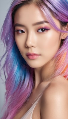 1girl,solo,long hair,breasts,looking at viewer,simple background,cleavage,bare shoulders,brown eyes,medium breasts,closed mouth,upper body,pink hair,purple hair,multicolored hair,black eyes,two-tone hair,lips,looking to the side,eyelashes,gradient hair,makeup,tank top,portrait,close-up,eyeshadow,realistic,nose,artist name,lipstick,mascara