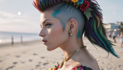 1girl,solo,open mouth,blue eyes,hair ornament,jewelry,blue hair,ponytail,flower,red hair,multicolored hair,earrings,outdoors,parted lips,green hair,sky,solo focus,day,hair flower,necklace,blurry,from side,two-tone hair,lips,eyelashes,aqua hair,profile,makeup,depth of field,blurry background,beach,portrait,realistic,nose,sand,black hair,bare shoulders,ocean,piercing,moon,sunlight