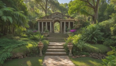 flower,outdoors,sky,day,tree,no humans,sunlight,grass,plant,nature,scenery,forest,stairs,purple flower,road,bush,path,stone stairs,blue sky,building,rock,potted plant,garden,pavement,stone lantern