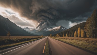 outdoors,sky,day,cloud,tree,no humans,cloudy sky,grass,nature,scenery,forest,smoke,mountain,road,landscape,fog,hill,field