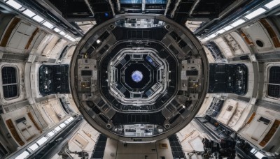 dutch angle,no humans,window,robot,scenery,machinery,science fiction,space,planet,spacecraft,spacesuit,cockpit,astronaut,indoors,from above,building,floating,very wide shot