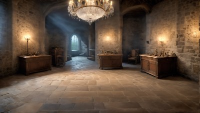 HQ,indoors,no humans,window,chair,table,sunlight,scenery,light rays,stairs,door,light,lamp,candle,wall,sunbeam,pillar,candlestand,chandelier,fireplace,wooden floor,tiles,tile floor,brick wall,cabinet