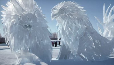 HQ,1girl,standing,outdoors,sky,day,tree,bird,animal,scenery,snow,monster,dragon,winter,multiple others,oversized animal,open mouth,multiple boys,teeth,2boys,blue sky,ice,crystal