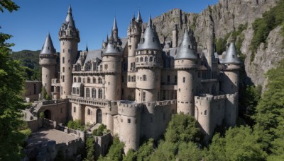 outdoors,sky,day,cloud,tree,blue sky,no humans,building,nature,scenery,forest,mountain,fantasy,castle,tower,bridge,landscape,cliff,arch