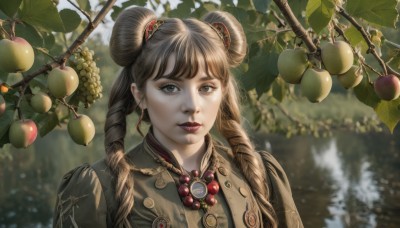 1girl,solo,long hair,looking at viewer,bangs,brown hair,hair ornament,twintails,brown eyes,jewelry,closed mouth,upper body,braid,earrings,outdoors,food,day,necklace,hair bun,blurry,twin braids,tree,lips,double bun,makeup,fruit,depth of field,blurry background,leaf,lipstick,beads,realistic,nose,branch,bead necklace,grapes,multiple braids,plant,portrait,nature,berry