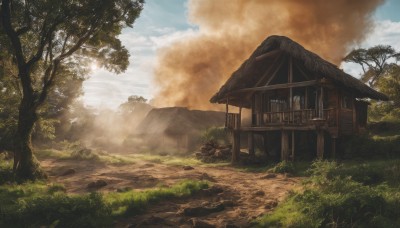 outdoors,sky,day,cloud,tree,blue sky,no humans,sunlight,cloudy sky,grass,building,nature,scenery,forest,smoke,rock,mountain,road,architecture,house,path,bush,landscape