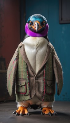 solo,looking at viewer,standing,jacket,full body,wings,artist name,indoors,signature,blurry,no humans,blurry background,bird,pocket,green jacket,realistic,animal focus,talons,beak,closed mouth,open clothes,open jacket,coat,window,animal,watermark,web address,claws,brown jacket,penguin