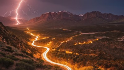 outdoors,sky,cloud,tree,no humans,fire,nature,scenery,forest,mountain,fantasy,electricity,river,lightning,landscape,mountainous horizon,water,ocean,cloudy sky,grass,horizon,road,city lights,hill,cliff,molten rock