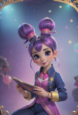 1girl,solo,looking at viewer,blush,smile,short hair,bangs,hair ornament,long sleeves,bow,ribbon,holding,jewelry,sitting,closed mouth,purple eyes,jacket,purple hair,earrings,open clothes,pants,artist name,dark skin,bowtie,hair bun,blurry,vest,bracelet,dark-skinned female,lips,book,eyelashes,double bun,makeup,blurry background,black pants,thick eyebrows,lipstick,eyeshadow,holding book,open book,alternate costume,alternate hairstyle,watermark,pink bow,mirror