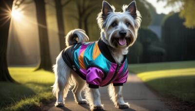 HQ,solo,open mouth,blue eyes,standing,jacket,full body,outdoors,day,tongue,tongue out,blurry,tree,no humans,depth of field,blurry background,animal,sunlight,grass,nature,dog,realistic,road,animal focus,multicolored jacket,looking at viewer,tail,signature,fangs