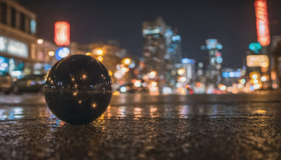 outdoors, sky, blurry, no humans, night, depth of field, blurry background, building, star (sky), night sky, scenery, reflection, lantern, city, road, cityscape, paper lantern, city lights