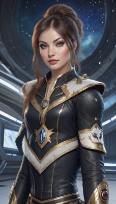 1girl,solo,long hair,breasts,looking at viewer,brown hair,long sleeves,brown eyes,closed mouth,upper body,ponytail,armor,lips,bodysuit,makeup,star (sky),realistic,space,bangs,braid,artist name,starry sky,nose