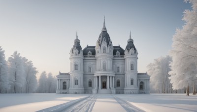 outdoors,sky,day,tree,blue sky,no humans,shadow,building,nature,scenery,snow,forest,road,winter,bare tree,castle,tower,fog,church,path