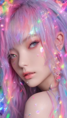 1girl,solo,long hair,looking at viewer,bangs,blue eyes,bare shoulders,jewelry,pink hair,multicolored hair,earrings,parted lips,teeth,choker,lips,grey eyes,eyelashes,makeup,gem,portrait,close-up,eyeshadow,realistic,nose,green eyes,shiny,sparkle