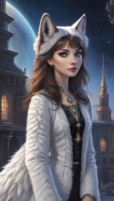 1girl,solo,long hair,looking at viewer,bangs,brown hair,long sleeves,hat,dress,animal ears,brown eyes,jewelry,closed mouth,earrings,outdoors,open clothes,sky,necklace,black dress,bracelet,lips,coat,fur trim,makeup,night,fake animal ears,moon,building,gem,star (sky),night sky,full moon,pendant,starry sky,watch,animal hood,realistic,nose,white coat,red lips,fur coat,breasts,shirt,standing,jacket,upper body,solo focus,belt,artist name,signature,hood,open jacket,black shirt,eyelashes,window,watermark,white jacket,lipstick,web address,backlighting,open coat