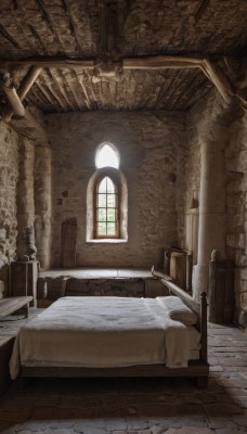 day,indoors,pillow,no humans,window,bed,sunlight,scenery,stairs,door,wall,bedroom,ruins,pillar,statue,arch,bed sheet,chair,table,wooden floor,carpet,chandelier