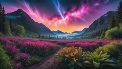 flower, outdoors, sky, cloud, tree, no humans, night, grass, star (sky), nature, night sky, scenery, forest, starry sky, mountain, field, landscape