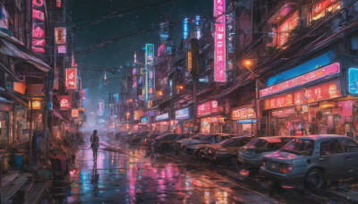 1girl, long hair, standing, outdoors, sky, dutch angle, night, ground vehicle, building, star (sky), night sky, scenery, motor vehicle, starry sky, reflection, city, sign, car, road, cityscape, power lines, lamppost, street, skyscraper, city lights, cyberpunk, neon lights, vanishing point