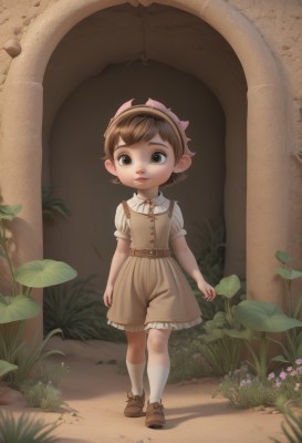 1girl,solo,looking at viewer,short hair,bangs,brown hair,shirt,dress,brown eyes,closed mouth,standing,full body,white shirt,flower,short sleeves,hairband,outdoors,frills,shoes,shorts,socks,puffy sleeves,collared shirt,belt,puffy short sleeves,kneehighs,brown footwear,suspenders,grass,plant,white socks,child,female child,brown dress,male child,brown shorts,hat,lips,mushroom