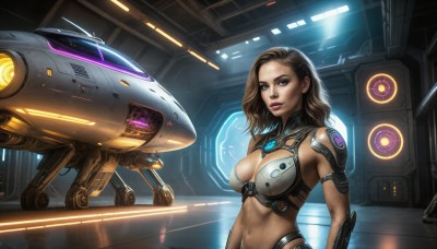 HQ,1girl,solo,long hair,breasts,looking at viewer,blue eyes,large breasts,brown hair,navel,cleavage,medium breasts,upper body,midriff,indoors,armor,lips,tattoo,makeup,robot,lipstick,science fiction,realistic,bikini armor,neon trim,spacecraft,hologram,parted lips,mecha,toned