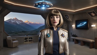 1girl,solo,looking at viewer,short hair,bangs,blue eyes,blonde hair,brown hair,jacket,upper body,parted lips,open clothes,indoors,blunt bangs,uniform,lips,military,military uniform,makeup,table,white jacket,cropped jacket,science fiction,epaulettes,mountain,realistic,emblem,badge,spacecraft,shirt,long sleeves,brown eyes,closed mouth,standing,outdoors,sky,day,black eyes,open jacket,window,parody,bob cut,blue shirt,lipstick,scenery,motor vehicle,aircraft,nose,red lips,car,airplane,insignia