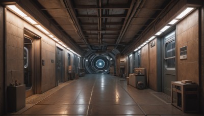 indoors,no humans,window,sunlight,box,scenery,science fiction,wooden floor,door,tiles,light,cable,tile floor,cardboard box,locker,ceiling,hallway,ceiling light,crate,washing machine,speaker,reflective floor