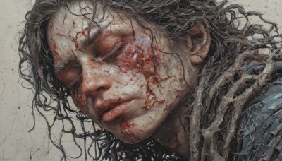 1girl,solo,long hair,black hair,1boy,closed mouth,male focus,lips,blood,scar,messy hair,portrait,realistic,skeleton,bone,looking at viewer,simple background,closed eyes,grey hair,parted lips,close-up,injury