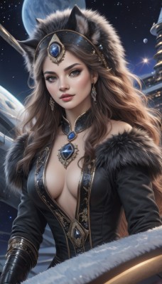 1girl,solo,long hair,breasts,looking at viewer,brown hair,gloves,dress,animal ears,cleavage,bare shoulders,brown eyes,jewelry,medium breasts,upper body,earrings,parted lips,sky,artist name,cat ears,necklace,black dress,lips,coat,grey eyes,fur trim,no bra,detached collar,night,wavy hair,moon,gem,star (sky),night sky,breasts apart,full moon,starry sky,nose,red lips,off shoulder,eyelashes,makeup,wolf ears,realistic,headpiece,mascara