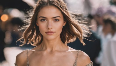 1girl,solo,long hair,looking at viewer,blue eyes,brown hair,dress,bare shoulders,closed mouth,collarbone,upper body,solo focus,blurry,lips,floating hair,depth of field,blurry background,wind,portrait,freckles,realistic,nose,hair ornament,bokeh