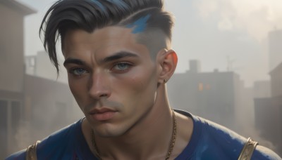 solo,looking at viewer,short hair,blue eyes,shirt,black hair,1boy,jewelry,closed mouth,blue hair,male focus,multicolored hair,earrings,outdoors,necklace,blurry,two-tone hair,lips,streaked hair,grey eyes,blurry background,piercing,blue shirt,building,portrait,freckles,realistic,nose,undercut,no humans,facial hair,dirty