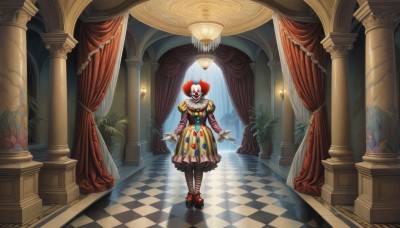 1girl,solo,looking at viewer,smile,gloves,long sleeves,1boy,dress,standing,full body,flower,male focus,pantyhose,red hair,frills,shoes,striped,puffy sleeves,indoors,mask,plant,curtains,red footwear,walking,skull,facepaint,checkered floor,pillar,chandelier,column,clown,bow,pale skin,epaulettes,candle,neck ruff