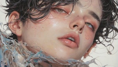 1girl,solo,looking at viewer,short hair,simple background,black hair,1boy,white background,brown eyes,male focus,parted lips,teeth,water,lips,portrait,close-up,freckles,realistic,nose,bangs,black eyes