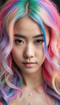 1girl,solo,long hair,looking at viewer,bangs,brown eyes,closed mouth,blue hair,pink hair,multicolored hair,artist name,blurry,two-tone hair,lips,eyelashes,makeup,portrait,eyeshadow,realistic,nose,rainbow hair,jewelry,necklace,streaked hair,watermark,close-up