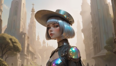 1girl,solo,breasts,short hair,bangs,hat,cleavage,brown eyes,medium breasts,blue hair,yellow eyes,upper body,white hair,small breasts,outdoors,parted lips,sky,day,shiny,artist name,blunt bangs,tree,lips,makeup,bob cut,building,eyeshadow,top hat,city,nose,looking at viewer,cloud,sunlight,scenery,realistic,silhouette