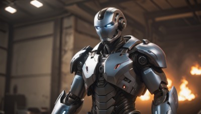 solo,blue eyes,1boy,upper body,male focus,indoors,armor,blurry,no humans,blurry background,glowing,helmet,fire,robot,mecha,glowing eyes,science fiction,android,explosion,power armor,humanoid robot