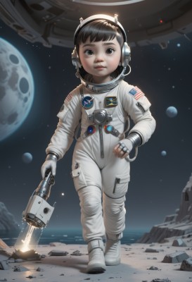 1girl,solo,looking at viewer,short hair,brown hair,black hair,gloves,holding,brown eyes,standing,full body,weapon,white gloves,fingerless gloves,water,black eyes,lips,hand on hip,gun,moon,child,star (sky),science fiction,rock,realistic,space,planet,earth (planet),american flag,spacecraft,debris,spacesuit,japanese flag,space helmet,astronaut,bangs,parted lips,white footwear,full moon,headset,walking,nose,flag