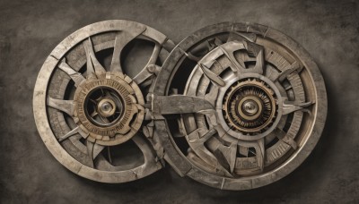 monochrome,grey background,no humans,gears,brown theme,still life,wheel,steampunk,solo,weapon,from above,clock,roman numeral