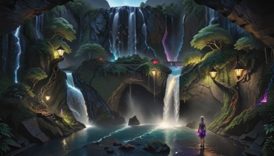 1girl,solo,long hair,blonde hair,standing,boots,water,from behind,tree,glowing,plant,nature,scenery,forest,monster,lantern,rock,fantasy,dragon,waterfall,cave,moss,overgrown,outdoors,facing away,bridge