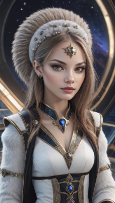 1girl,solo,long hair,breasts,looking at viewer,brown hair,long sleeves,dress,brown eyes,jewelry,closed mouth,upper body,earrings,small breasts,choker,white dress,lips,grey eyes,fur trim,eyelashes,makeup,gem,star (sky),corset,freckles,realistic,nose,headdress,red lips,cleavage,medium breasts,parted lips,necklace