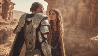 1girl,long hair,multiple girls,brown hair,1boy,2girls,closed mouth,standing,outdoors,hair bun,cape,armor,lips,wavy hair,single hair bun,shoulder armor,gauntlets,curly hair,pauldrons,realistic,looking afar,ruins,pillar,column,short hair,blonde hair,upper body,braid,day,from behind,looking at another,sand,sepia,desert,arch,dust