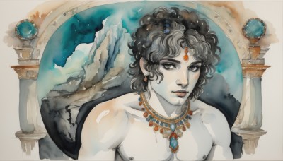 solo,black hair,1boy,jewelry,upper body,male focus,earrings,necklace,grey eyes,gem,topless male,planet,pillar,looking at viewer,piercing,circlet